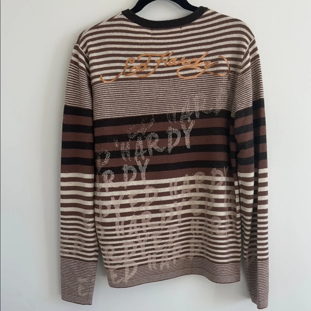 Ed Hardy Christian Audigier V-Neck Sweater Brown Beige Striped Wool Blend NWT